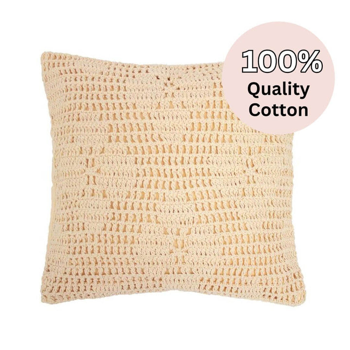 The 45cm Callista Custard Yellow Crochet Cushion has a crochet floral pattern to add texture to your bed or sofa.