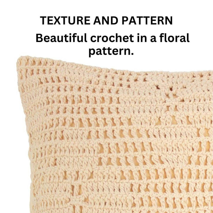 The 45cm square Callista Custard Yellow Crochet Cushion has a floral pattern to add texture to your bed or sofa.