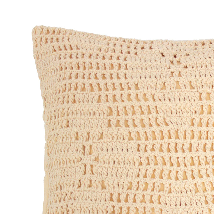 The Callista Custard Yellow Crochet Cushion - 45cm Square has a crochet floral pattern to add texture to your bed and sofa.