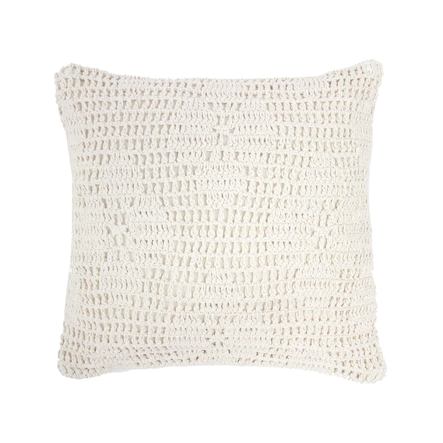 The Callista Ivory Crochet Cushion measures 45cm and has a crochet floral design.
