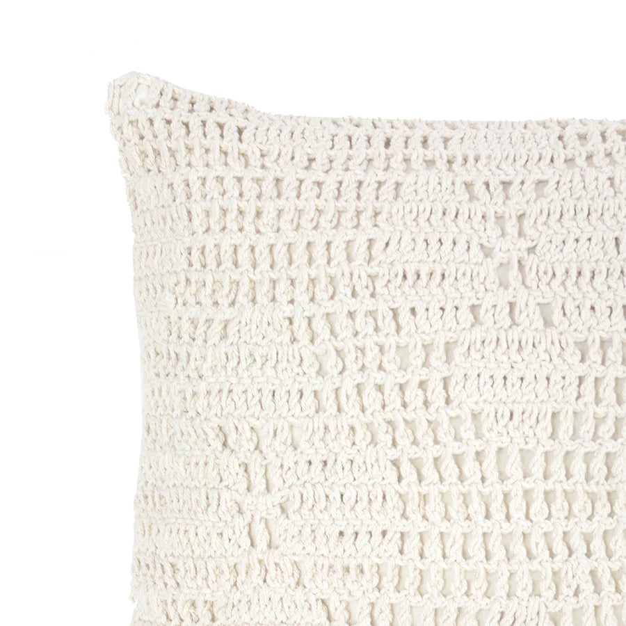 The ivory 45cm square Callista cushion has a crochet floral pattern to add texture to your bed or sofa.