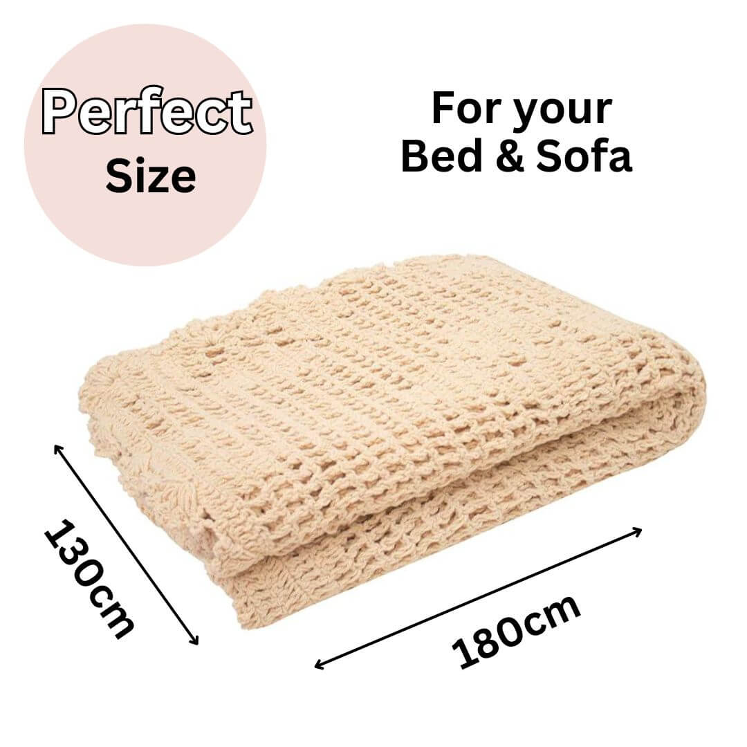 The Callista custard yellow Crochet Throw measures 130cm x 180cm with a floral pattern to style your bed or sofa.