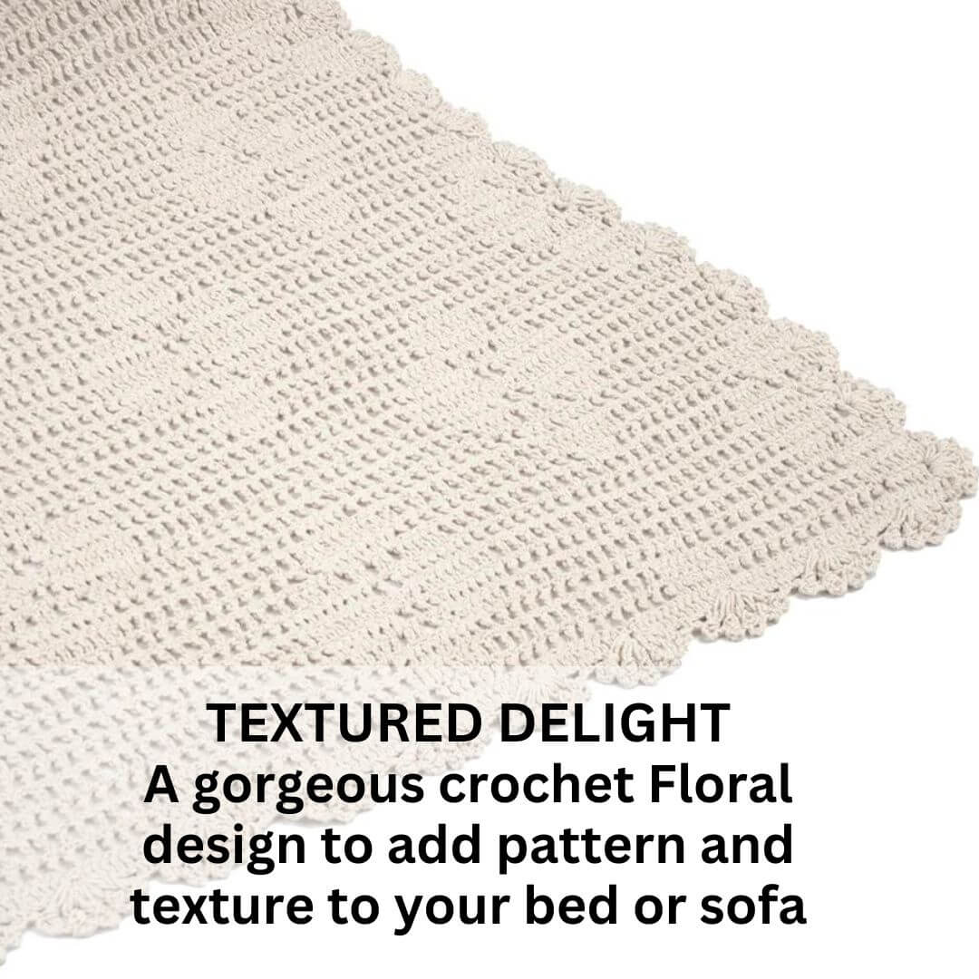 With a floral crochet pattern in ivory, the Callistra Throw measures 130cm x 180cm. 