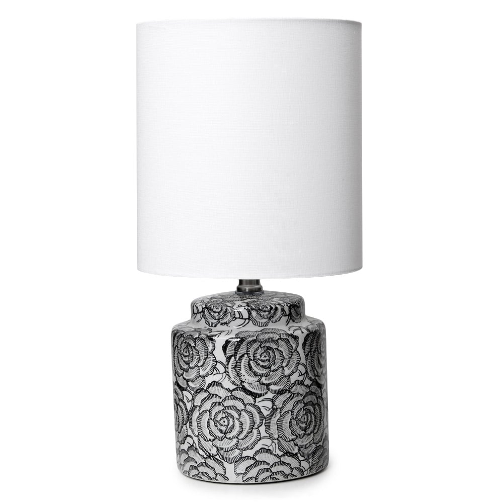 Black floral Camellia Hamptons table lamp with white linen shade – 46cm tall