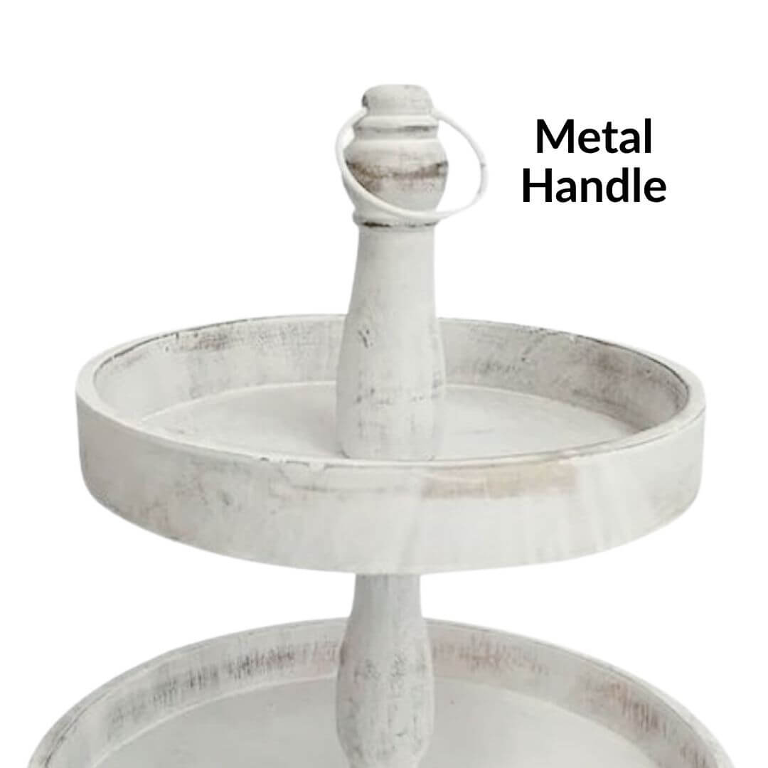 The metal handle of a Cape 2 Tier Round Stand White Wash 46cm Cup Cake Christmas Decorative Tray