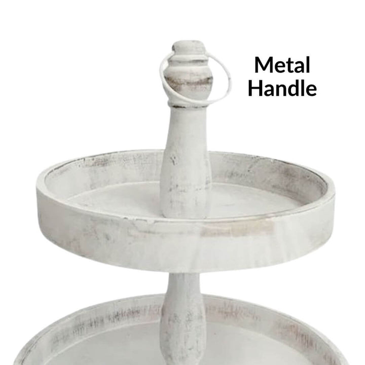 The metal handle of a Cape 2 Tier Round Stand White Wash 46cm Cup Cake Christmas Decorative Tray