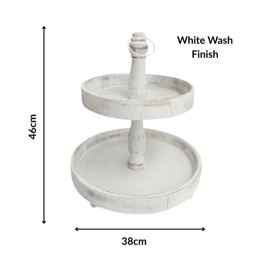 Cape 2 Tier Round Stand White Wash 46cm Tall Cup Cake Christmas Decorative Tray