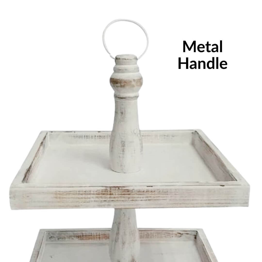 Cape 2 Tier Square Stand White Wash 41.5cm Cup Cake Christmas Decorative Tray with a metal hanldle