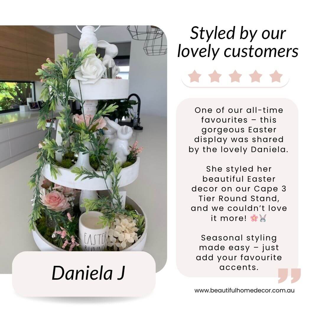 Customer styling pic of the Cape 3 Tier Round Stand whitewash decorative tray with Easter Decor