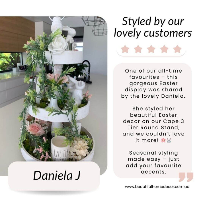 Customer styling pic of the Cape 3 Tier Round Stand whitewash decorative tray with Easter Decor