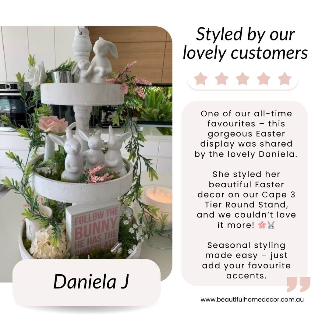 Customer Daniela styling pic of the Cape 3 Tier Round Stand whitewash decorative tray with Easter Decor