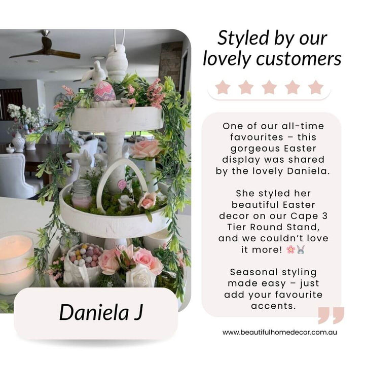 Daniela J Customer styling pic of the Cape 3 Tier Round Stand whitewash decorative tray   with Easter Decor
