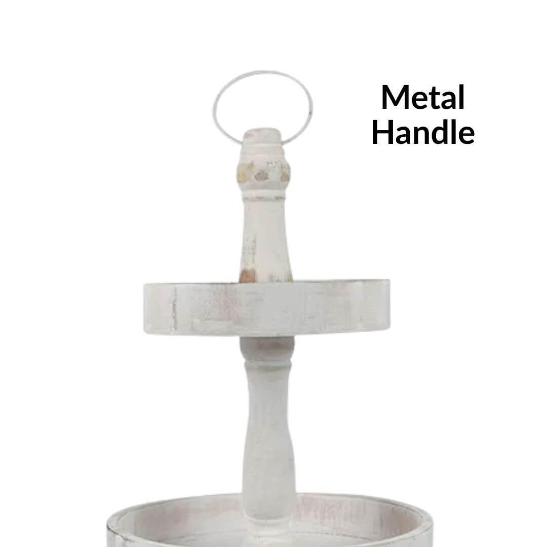 The metal handle of a Cape 3 Tier Round Stand White Wash 65cm Cup Cake Christmas Decorative Tray