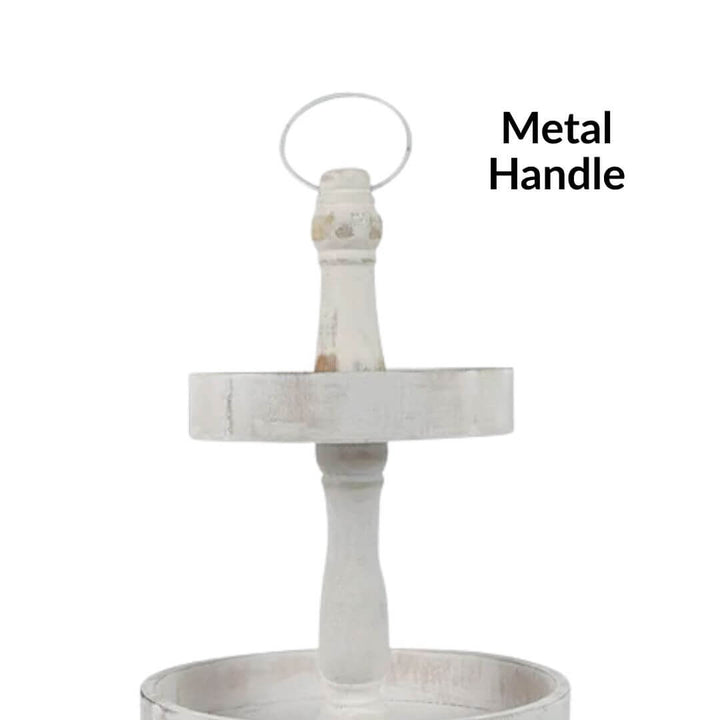 The metal handle of a Cape 3 Tier Round Stand White Wash 65cm Cup Cake Christmas Decorative Tray