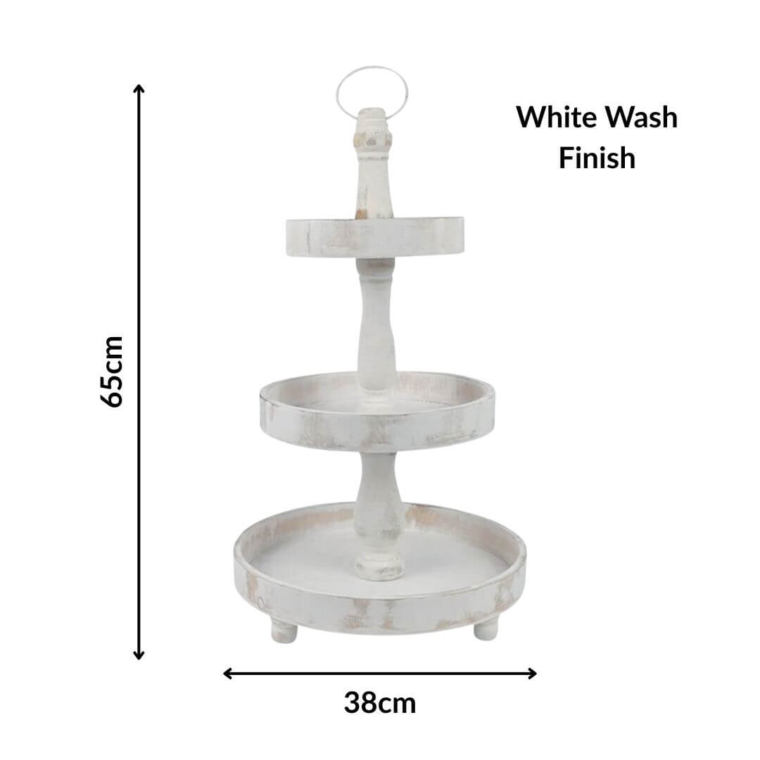 Cape 3 Tier Round Stand White Wash 65cm Tall Cup Cake Christmas Decorative Tray