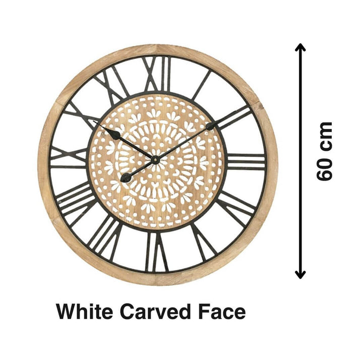 Large 60cm Carved Industro Hamptons Wall Clock with a handcarved clock face and black roman numerals and timber frame