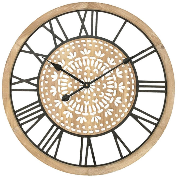 Large 60cm Carved Industro Hamptons Wall Clock with handcarved face and black Roman numerals