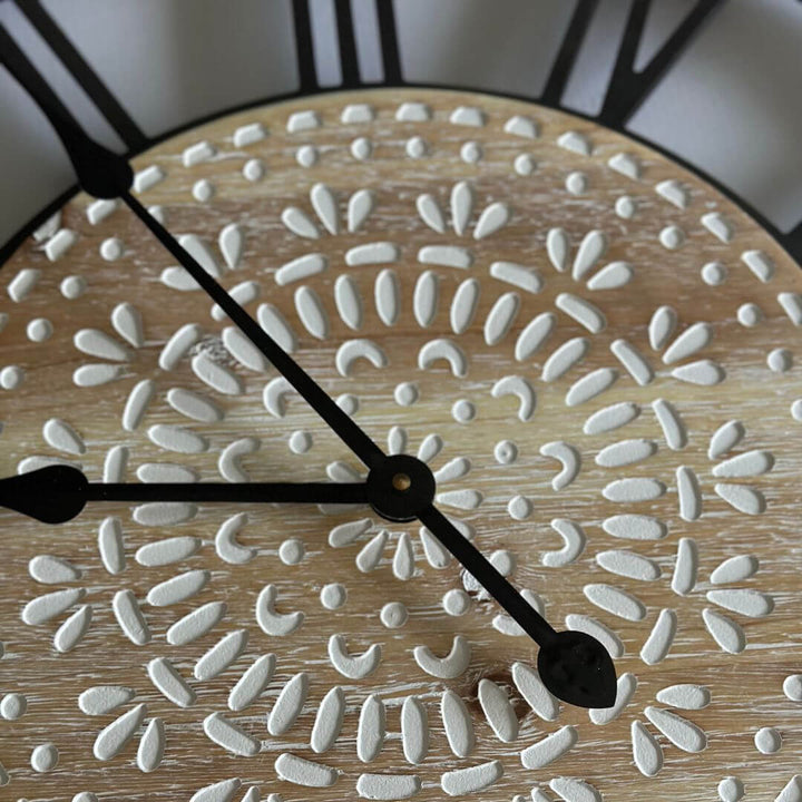 The gorgeous hand carved clock face on a large 60cm Carved Industro Hamptons Wall Clock