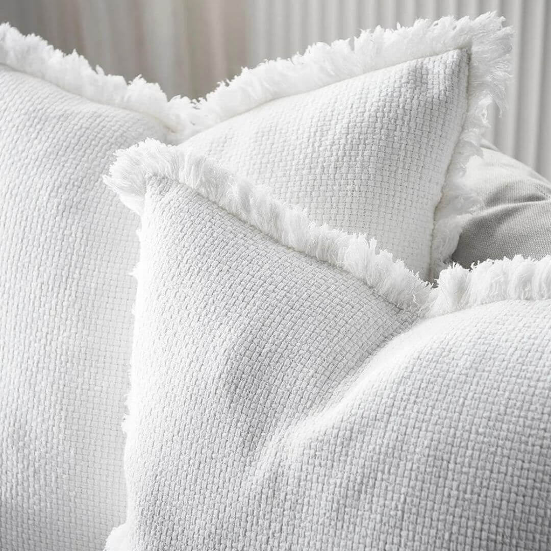 A set of 2 off white Square 60cm Chelsea Fringe Cotton Cushions with a Throw for your Coastal Hamptons Australian home decor.