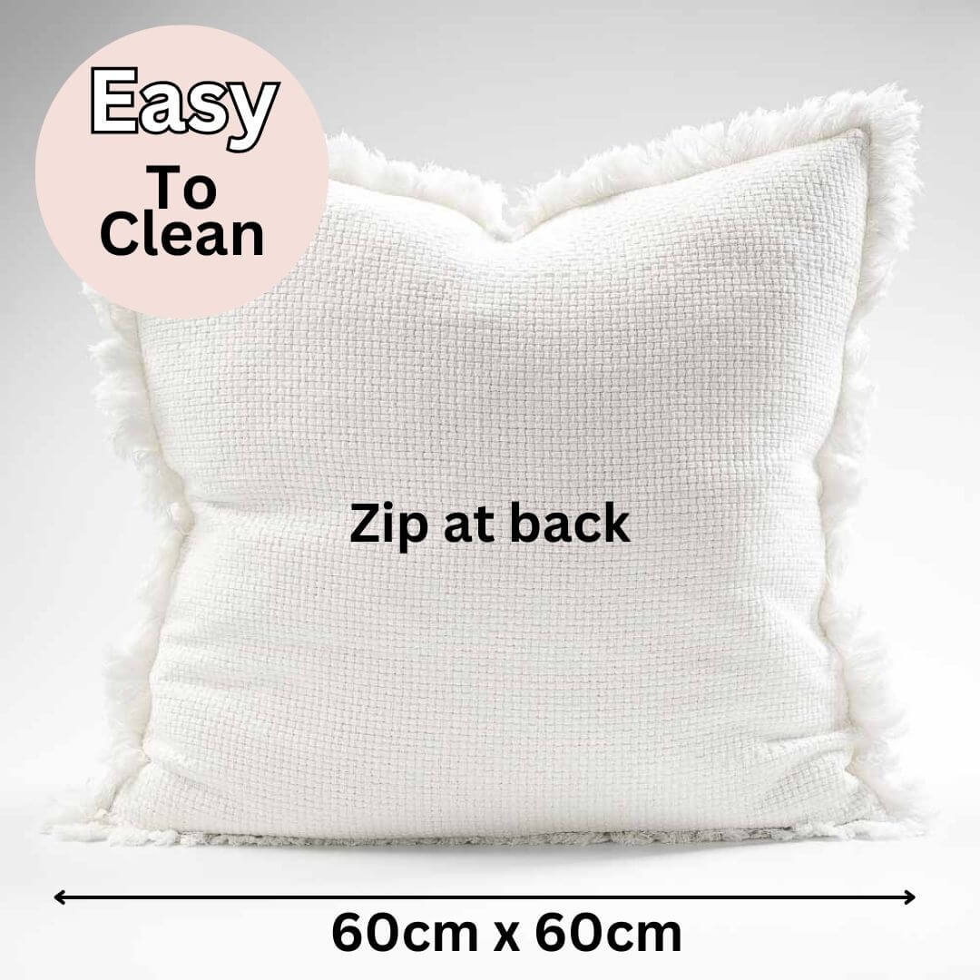 The Square 60cm Chelsea Fringe Cotton Cushion and Throw Set has a removable cushion cover with a zip at the back.