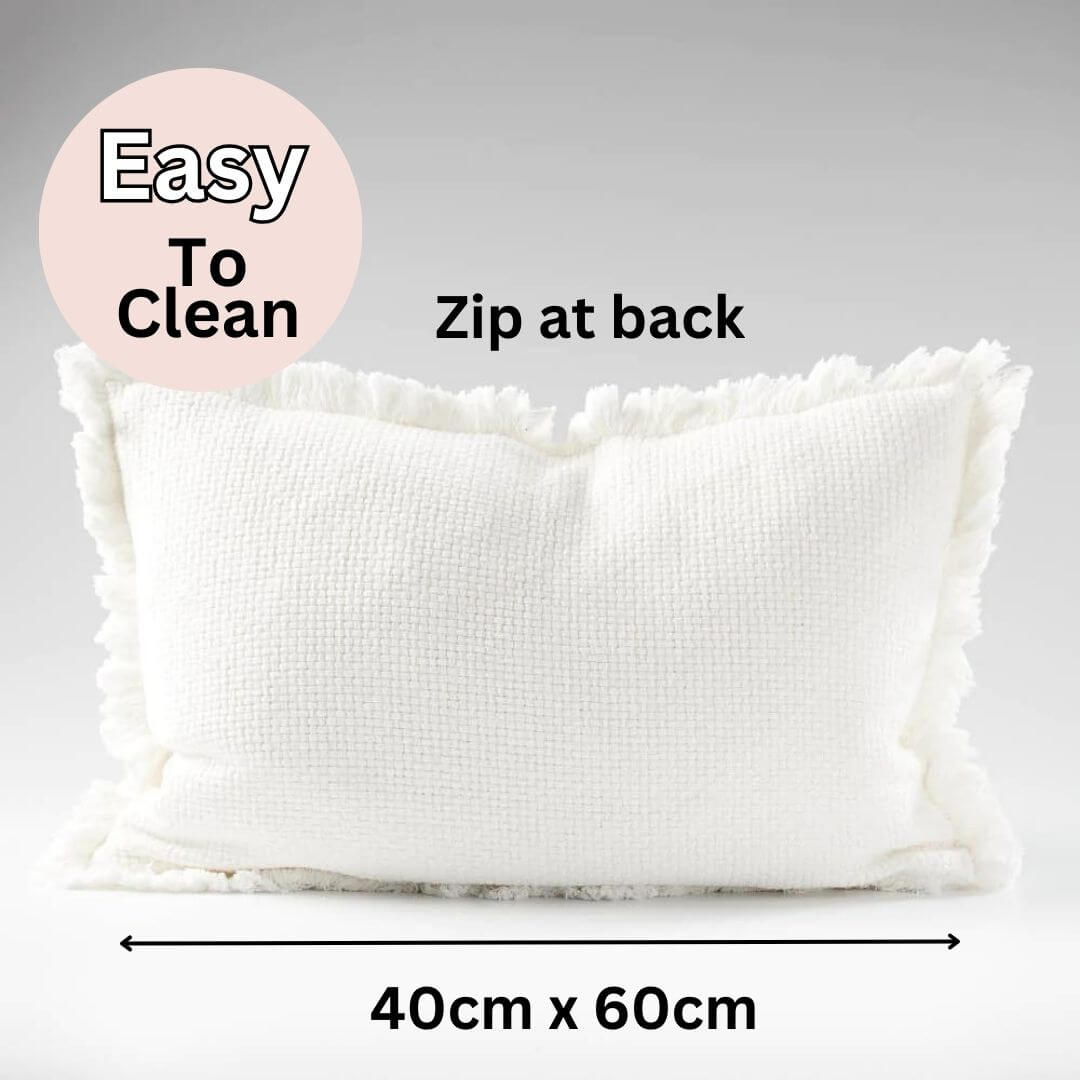 The Rectangle 40cm x 60cm Chelsea Fringe Cotton Cushion and Throw Set has a removable cushion cover with a zip at the back.