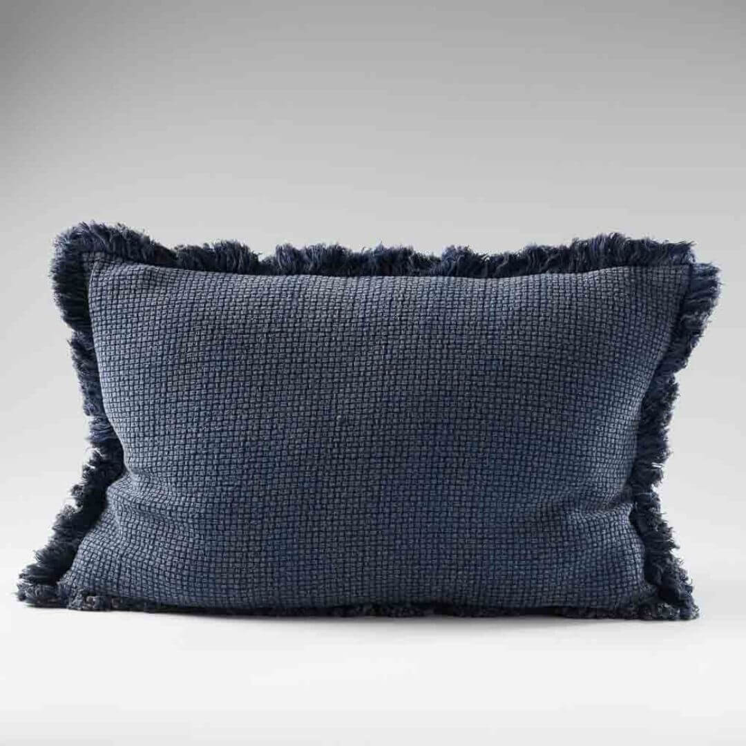 A navy blue Rectangle 40cm x 60cm Chelsea Fringe Cotton Cushion with a throw Set for your Coastal Hamptons Australian home decor.
