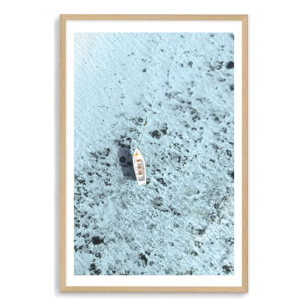 White boat Blue sea wall art print of Amalfi Coast ocean, timber frame & white border, Beautiful Home Decor