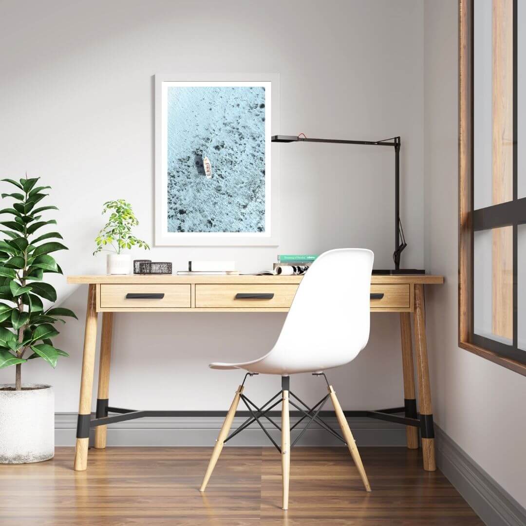 A wall art photo print of a white boat on a clear blue ocean off the Amalfi Coast Italy with a white frame or unframed for the wall in a kids or teens coastal room