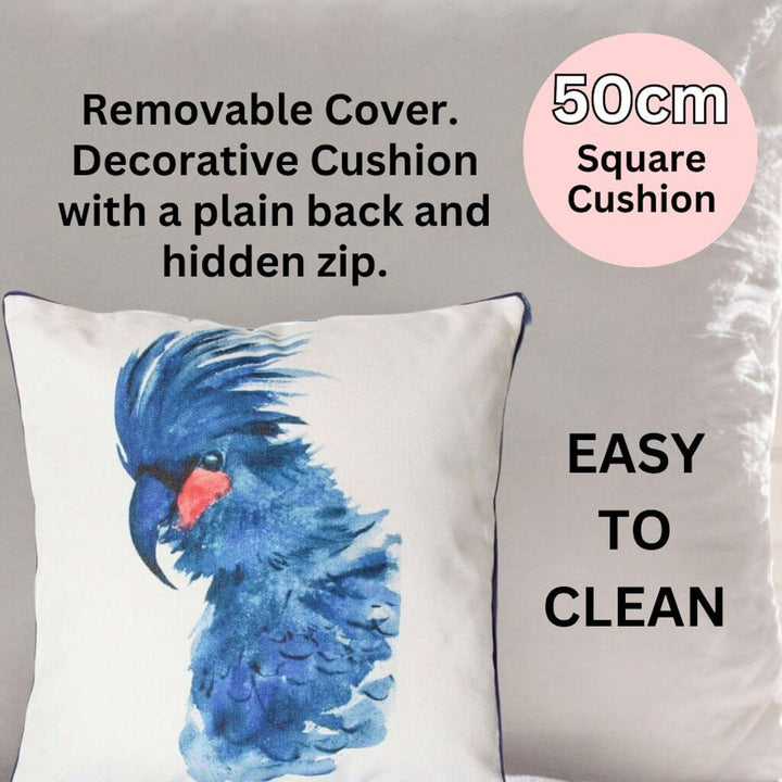 50cm Cockatoo Blue Bird Cushion with durable linen and polyester fabric, easy-care cover