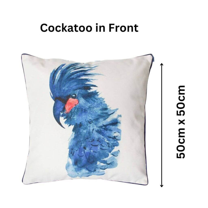 Coastal Cockatoo Blue Bird Cushion with navy trim, 50cm square decorative pillow