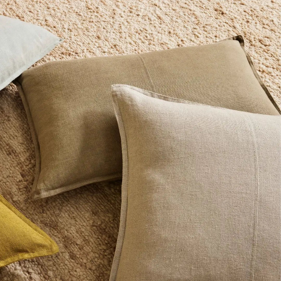 60cm Como linen cushion alongside a rectangle linen cushions