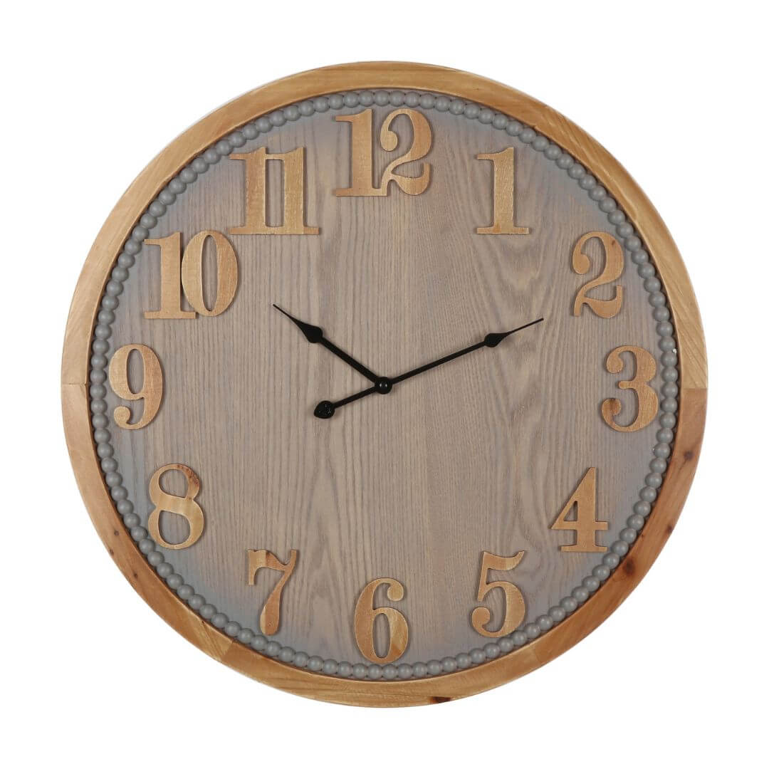 60cm Contemporary Grey Timber Wall Clock with soft grey face, natural timber frame and black hands
