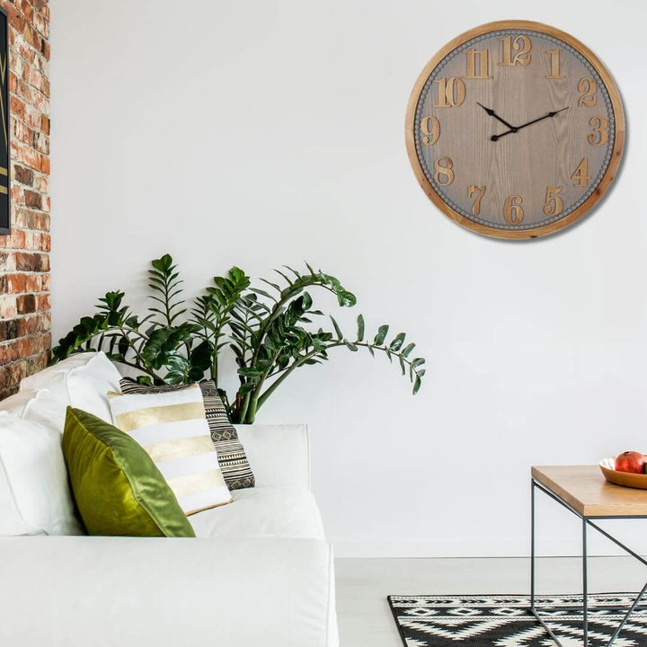 Styled 60cm Contemporary Grey Timber Wall Clock above a console table in a neutral living space