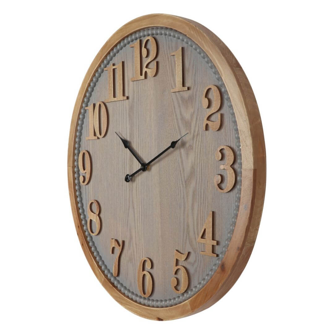 Side view of 60cm Contemporary Grey Timber Wall Clock in grey and timber, perfect for modern interiors.