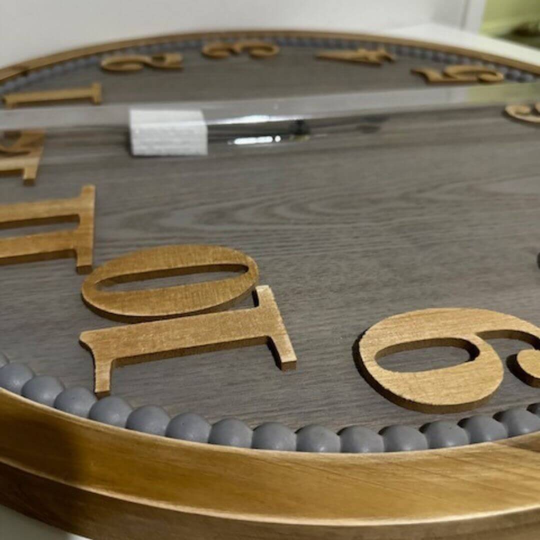 Large Contemporary Grey Wall Clock measuring 60cm with timber numbers and raised timber border.