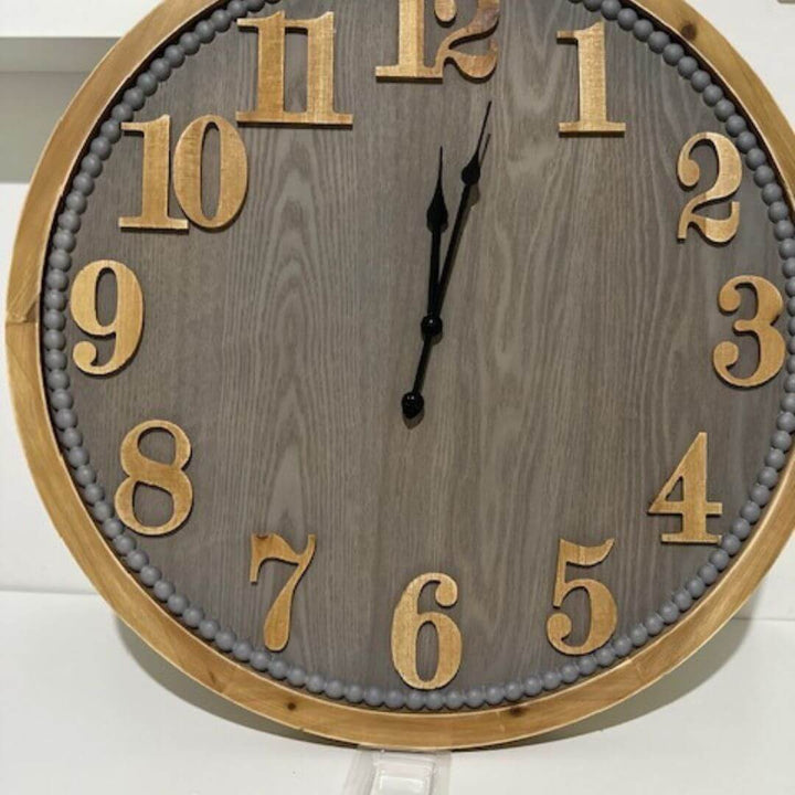 60cm Contemporary Grey Timber Wall Clock featuring black hands, timber frame, and neutral grey tones.