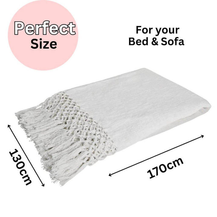 The Dove Cotton Throw in Ivory White measures 130cm x 170cm, perfect to decorate your bedroom or living room sofa