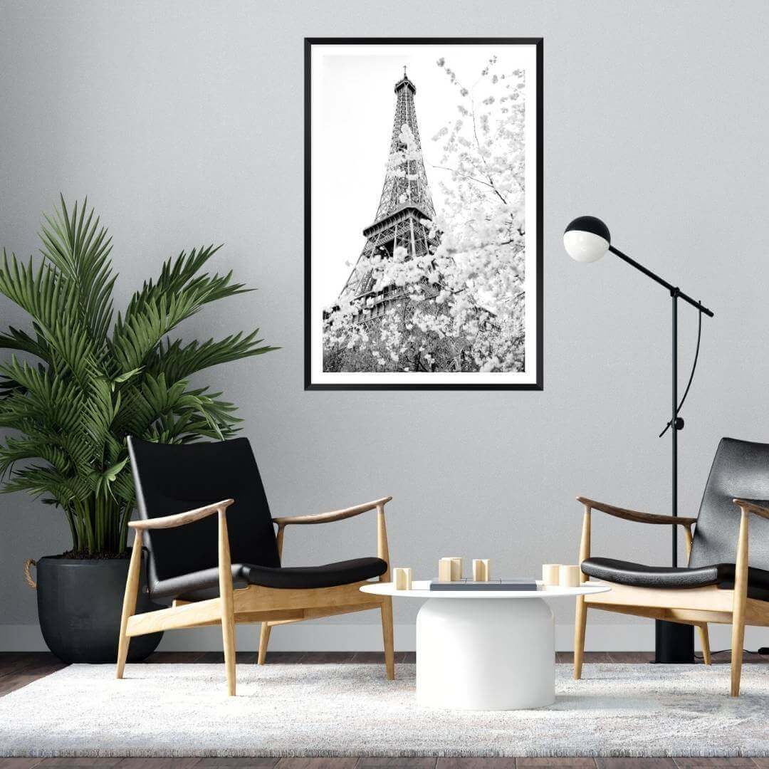 A black and white wall art photo print of the Eiffel Tower in Spring with a black frame for the living room by Beautiful HomeDecor