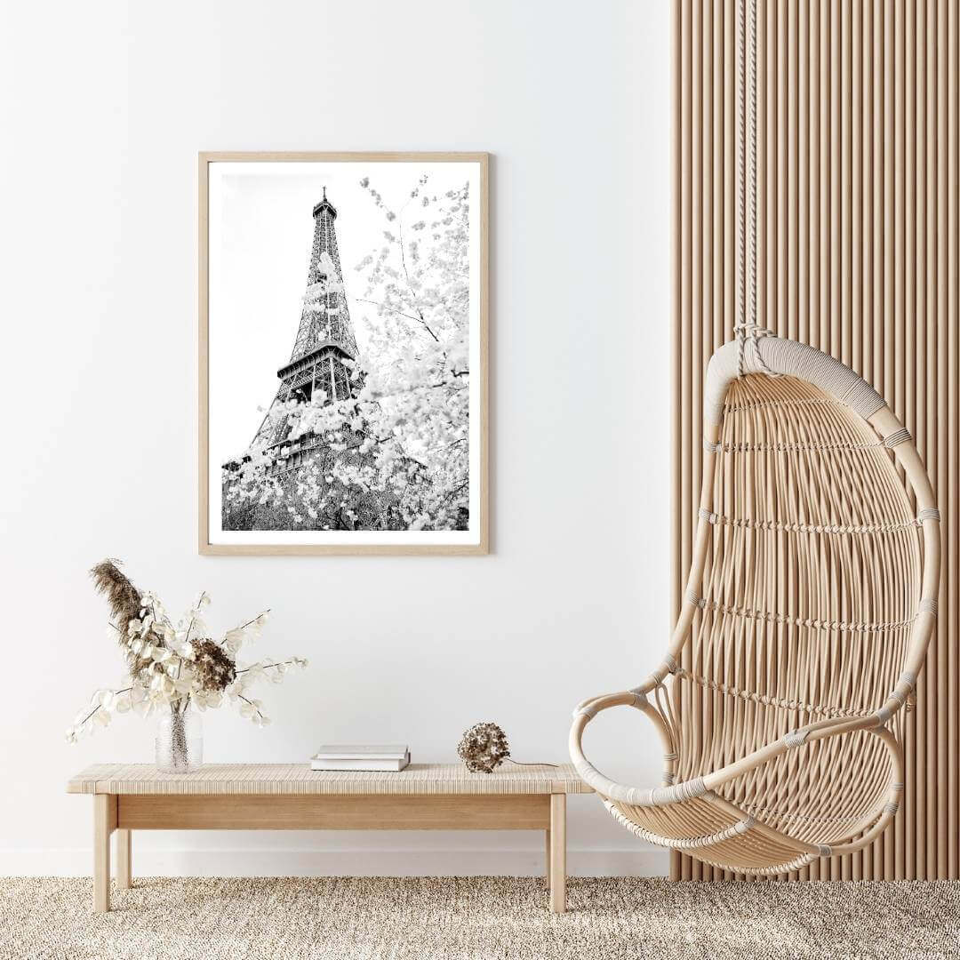 A black and white wall art photo print of the Eiffel Tower in Spring with a timber frame or unframed to decorate an empty wall