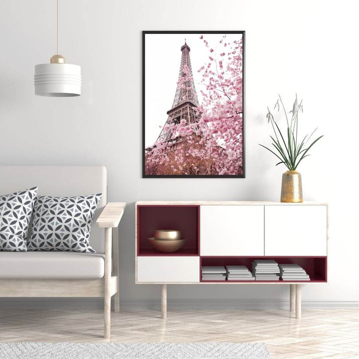 A wall art photo print of the Eiffel Tower in Spring with a black frame or unframed for you living room decor