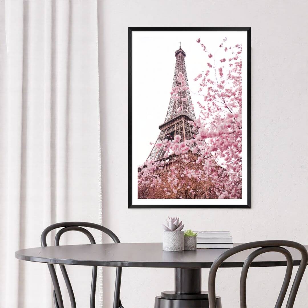 A wall art photo print of the Eiffel Tower in Spring with a black frame to decorate your dining room walls