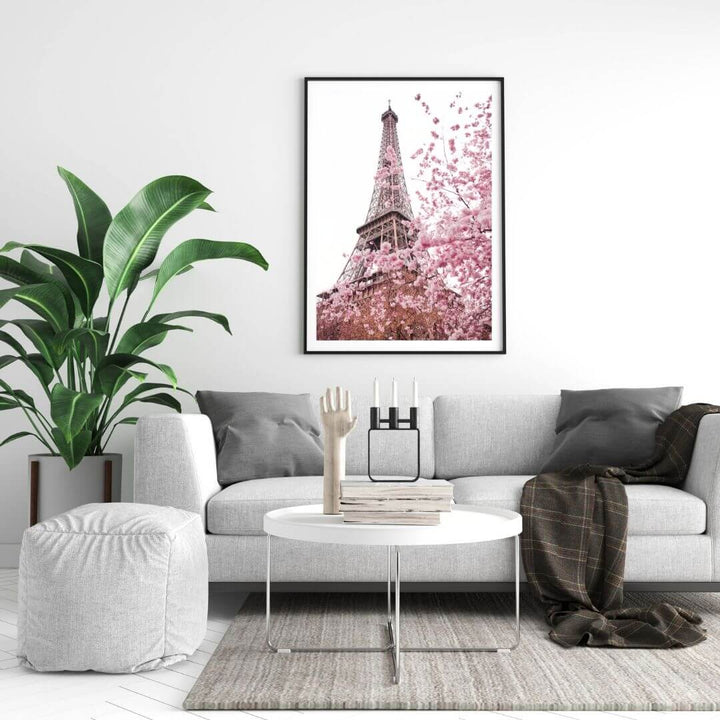 A wall art photo print of the Eiffel Tower in Spring with a black frame, white border or unframed by Beautiful Home Decor