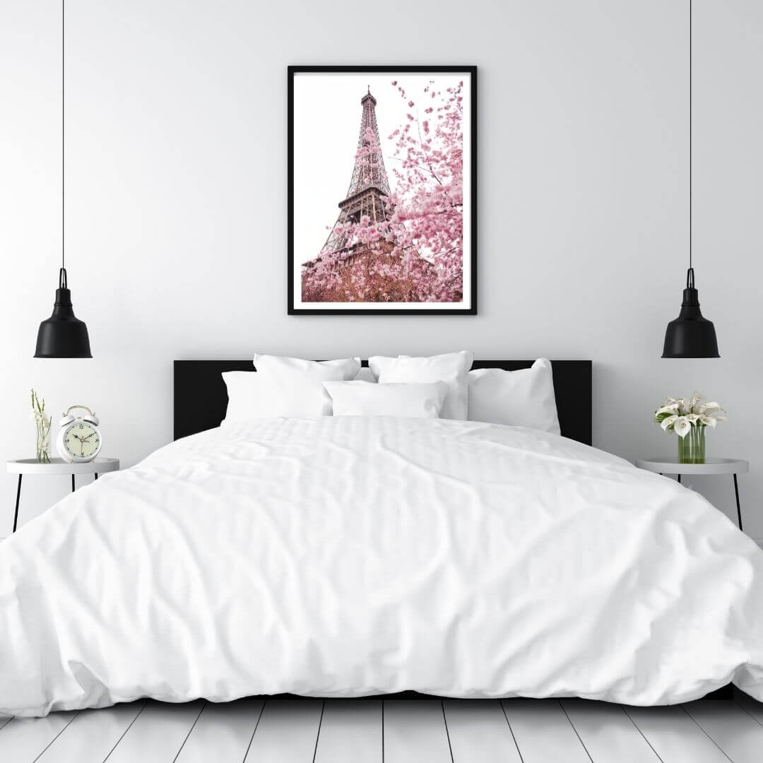 A wall art photo print of the Eiffel Tower in Spring with a black frame or unframed to decorate a wall in your bedroom