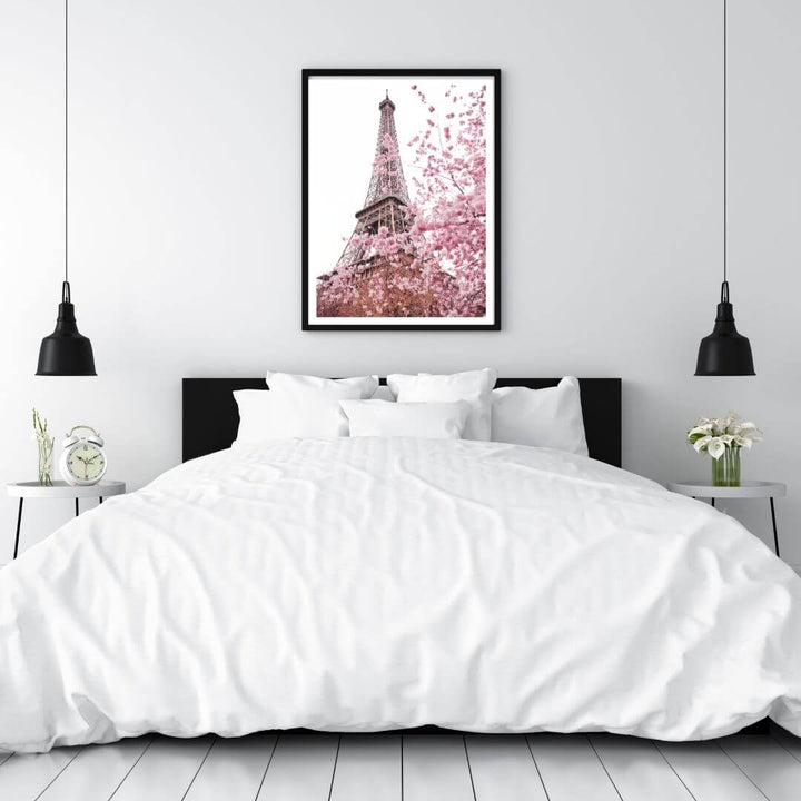 A wall art photo print of the Eiffel Tower in Spring with a black frame or unframed to decorate a wall in your bedroom
