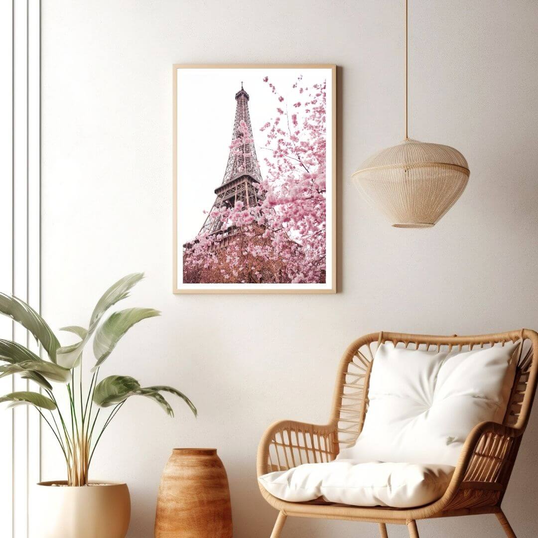 A wall art photo print of the Eiffel Tower in Spring with a timber frame or unframed for your living room empty walls