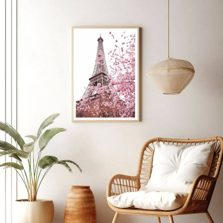 A wall art photo print of the Eiffel Tower in Spring with a timber frame or unframed for your living room empty walls