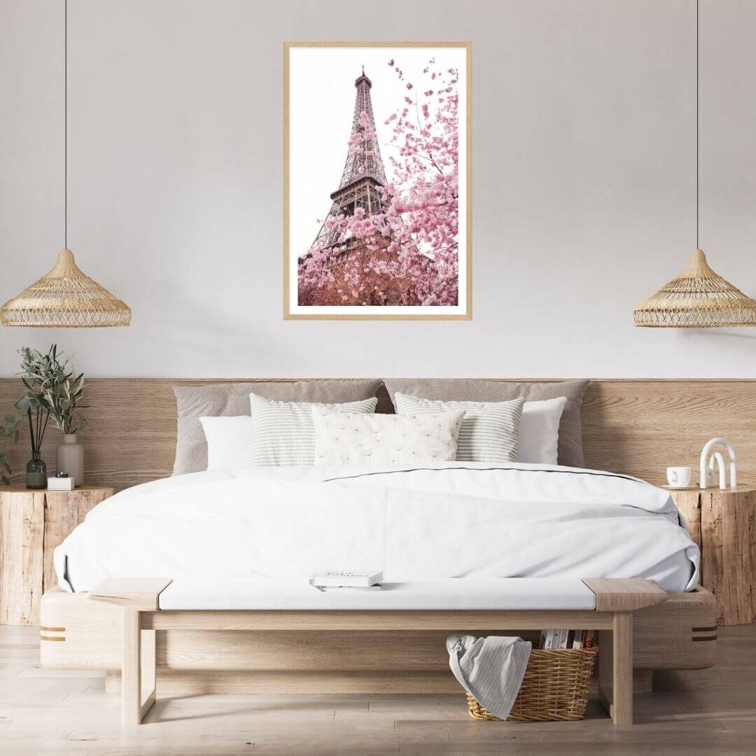 A wall art photo print of the Eiffel Tower in Spring with a timber frame or unframed to style your bedroom walls