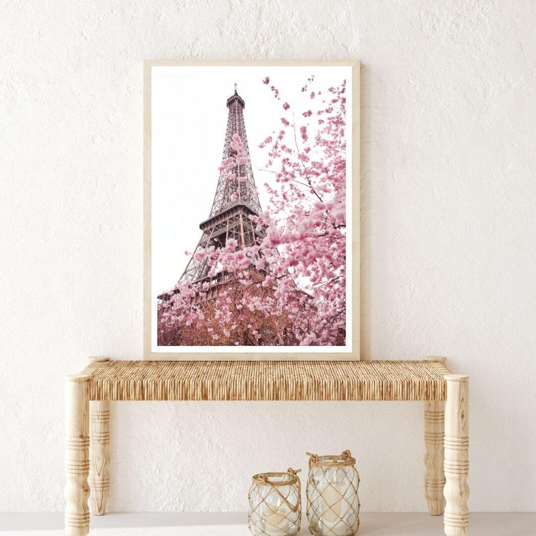 A wall art photo print of the Eiffel Tower in Spring with a timber frame or unframed for your empty hallway walls