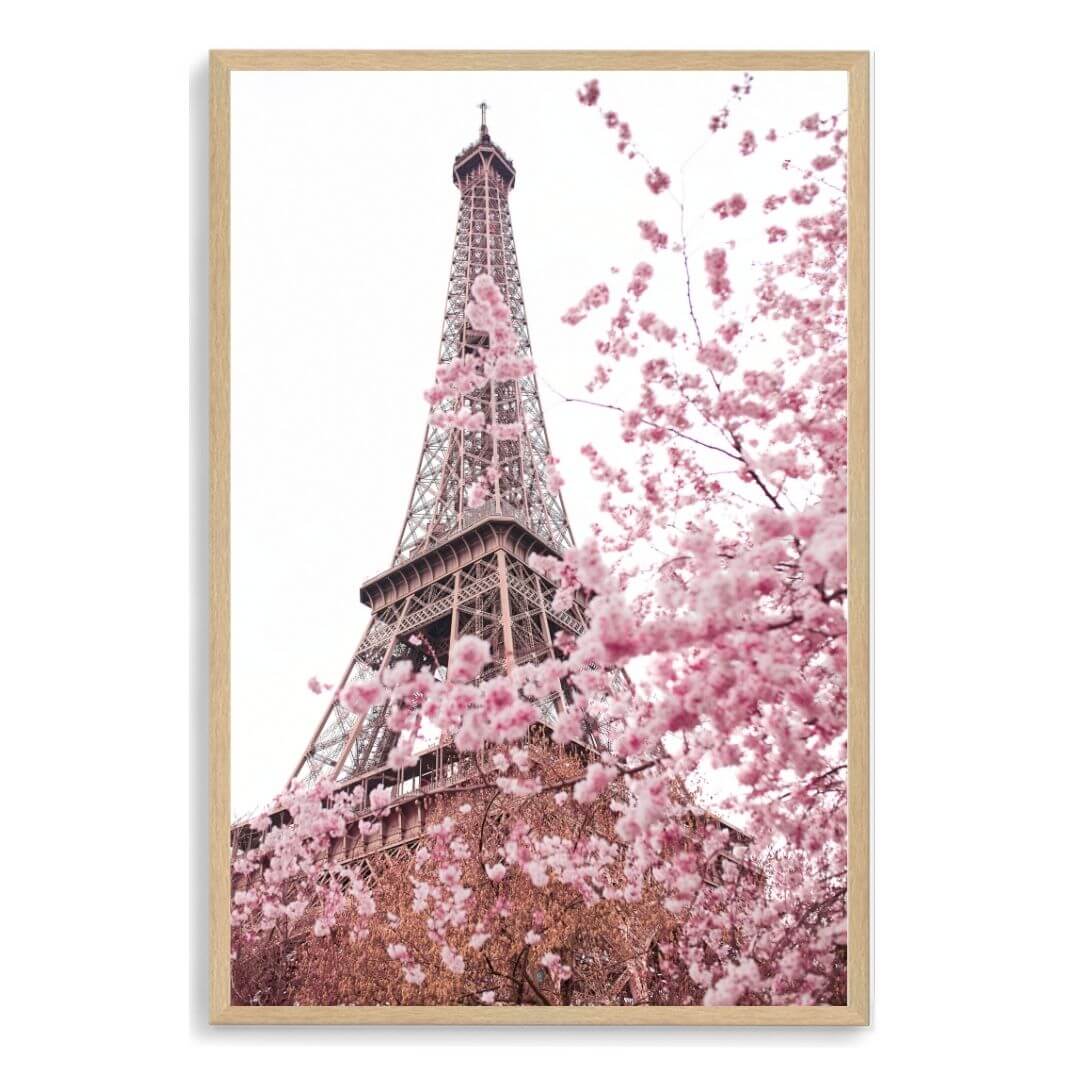 A wall art photo print of the Eiffel Tower in Spring with a timber frame, no white border at Beautiful HomeDecor