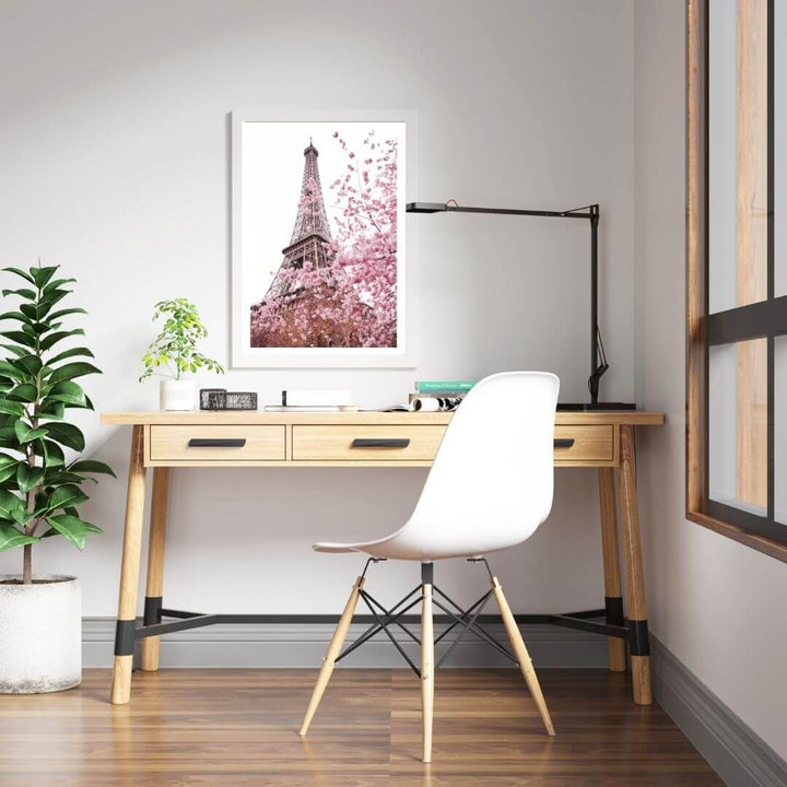A wall art photo print of the Eiffel Tower in Spring with a white frame to decorate your kids bedroom by Beautiful HomeDecor